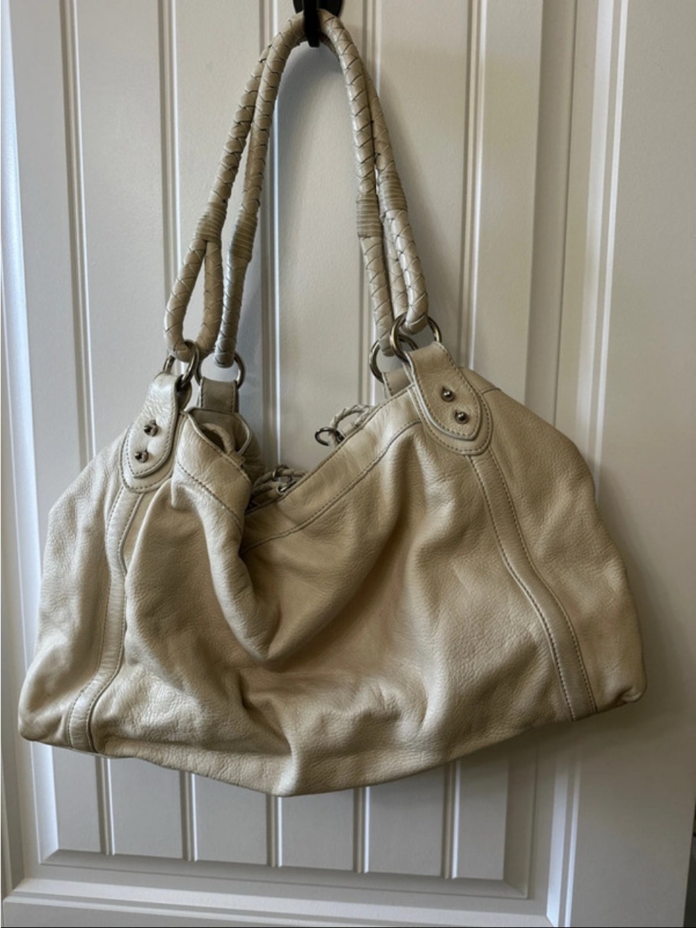 Donald J. Pliner Cream Leather Braided-Handle Satchel Bag